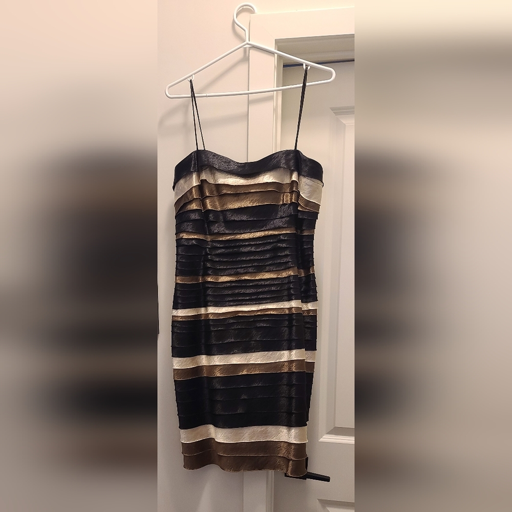 Connected Apparel Gold and Black Spaghetti Strap Midi Dress